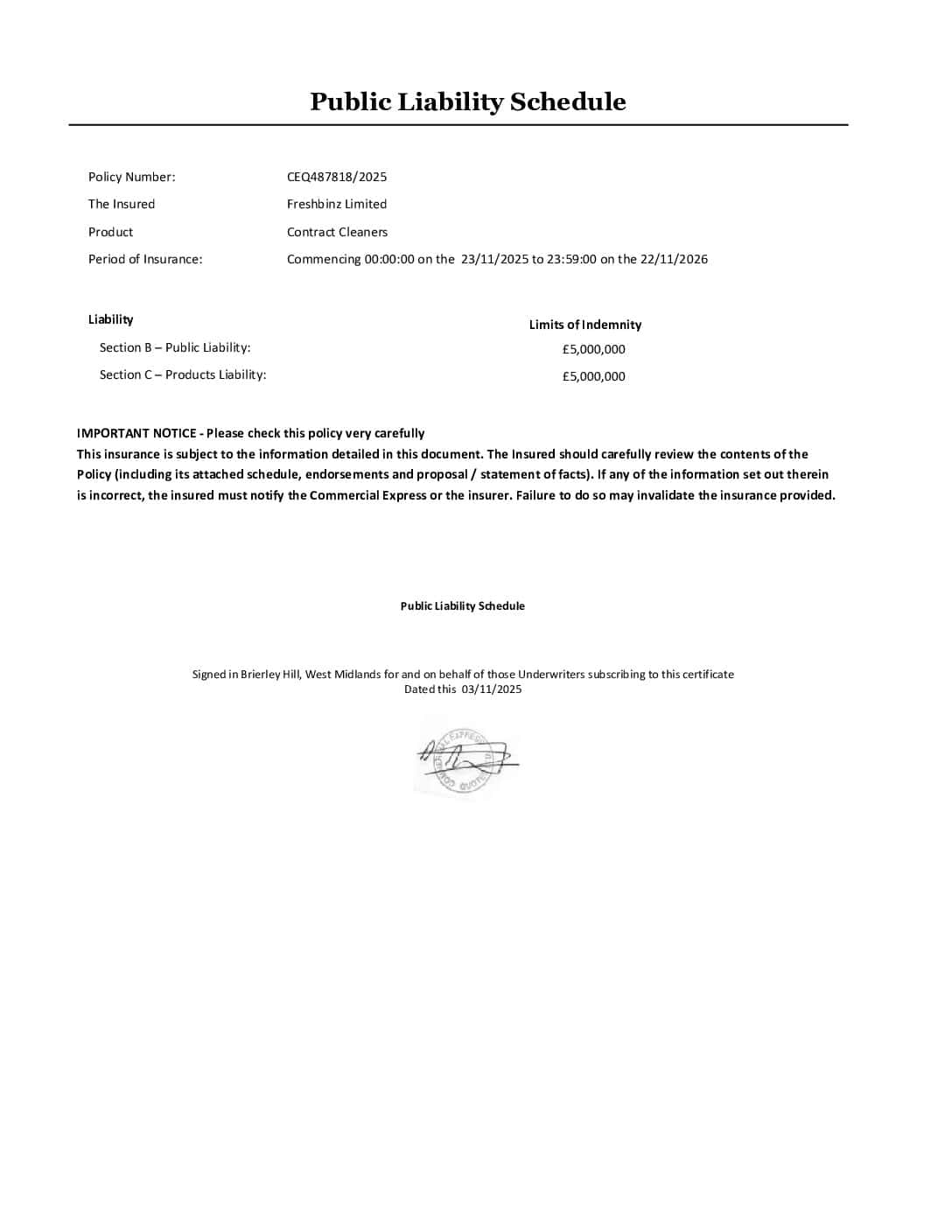 Image of public liability insurance for Freshbinz Ltd